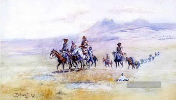 Indianer und Cowboy Werke - über den Plain 1901 Charles Marion Russell Indiana Cowboy